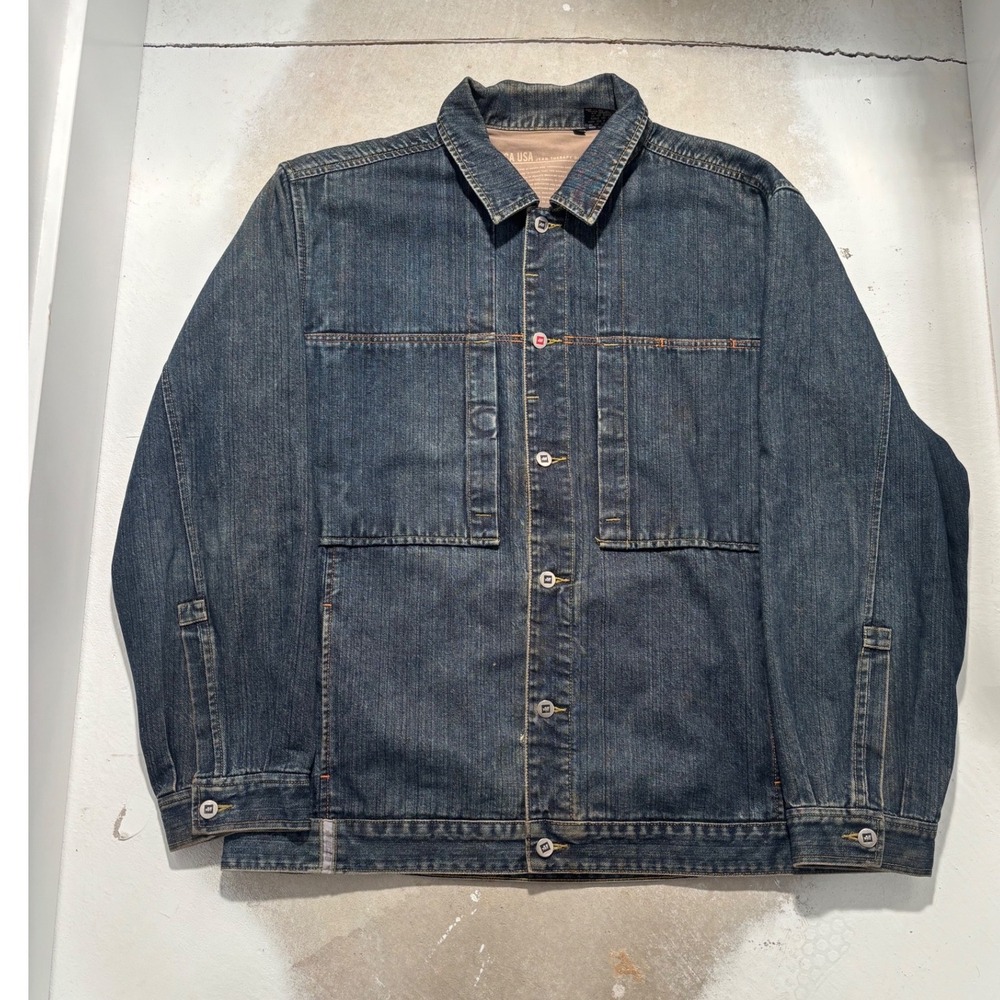 Vintage Mecca USA Jean Therapy Denim Jacket Mens XL Dark Wash Y2K Hip Hop